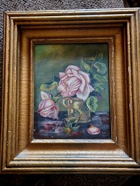 Vintage Painting: Pink Roses with Gold Frame